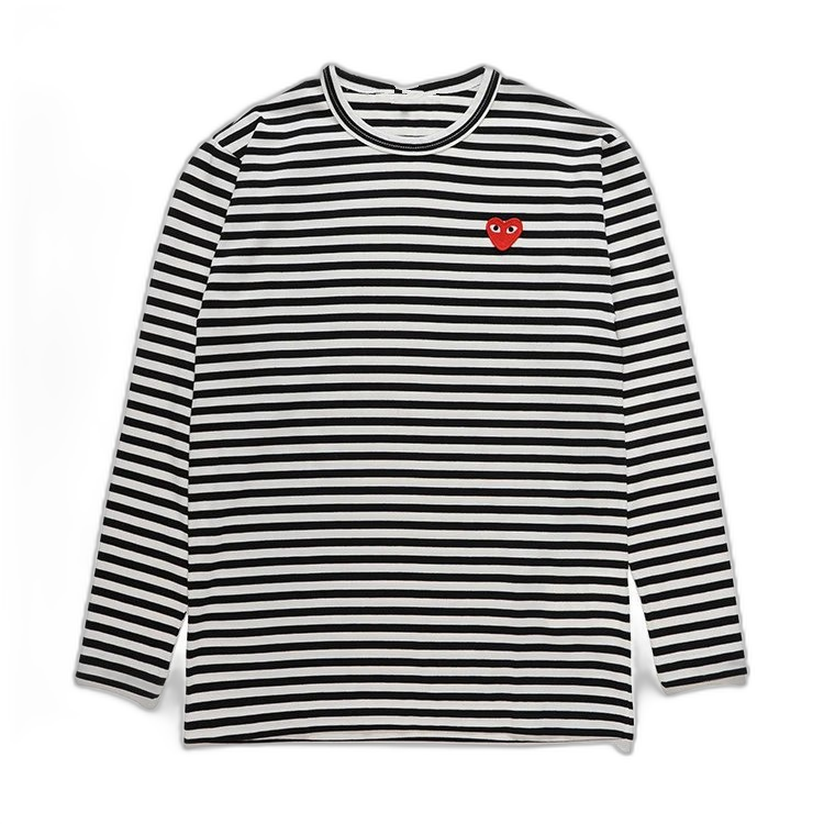 HSYPLAY Japanese trendy brand peach heart long sleeve round neck cotton men’s and women’s clothing couple style black striped red heart t-shirt