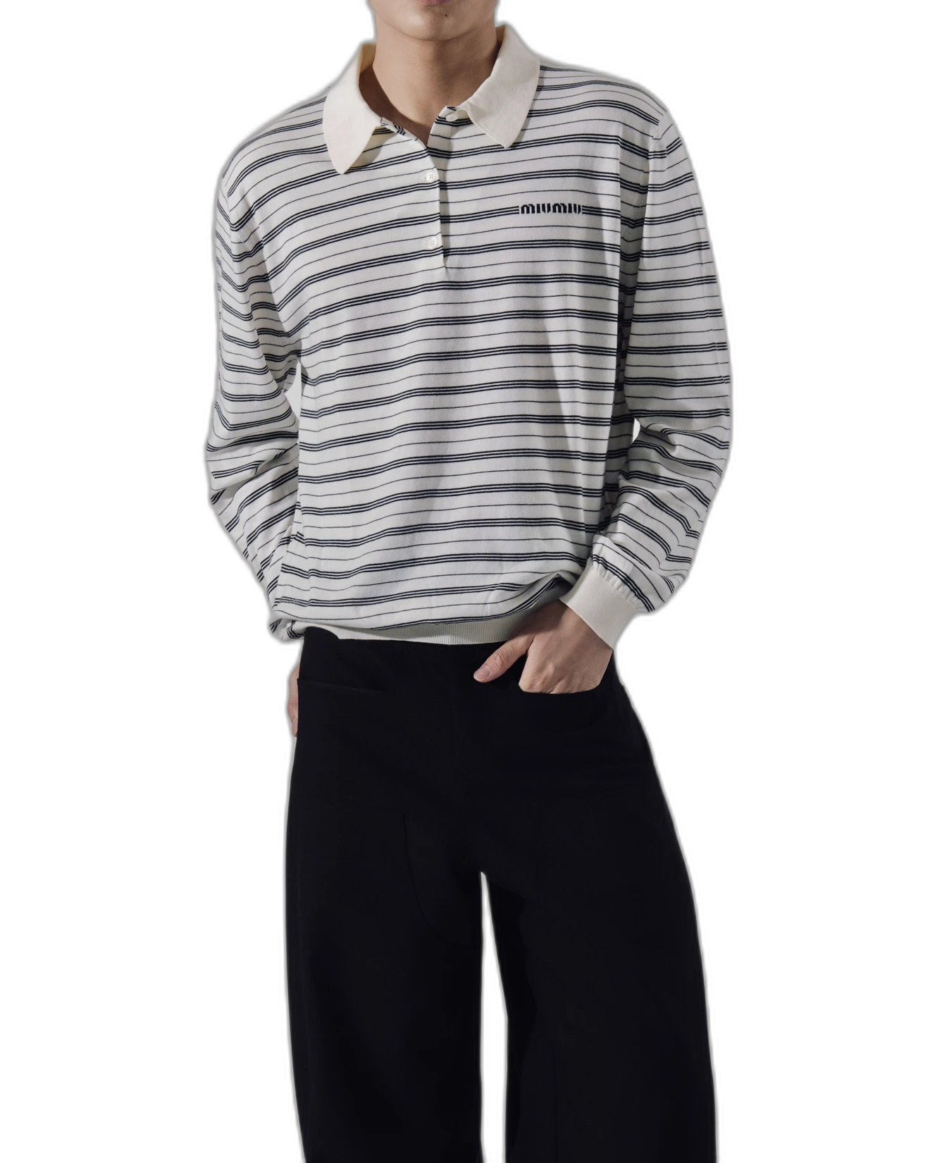 Produced by Cola – MIU style letter jacquard black and white striped long-sleeved cotton knitted lapel long sleeve shirt