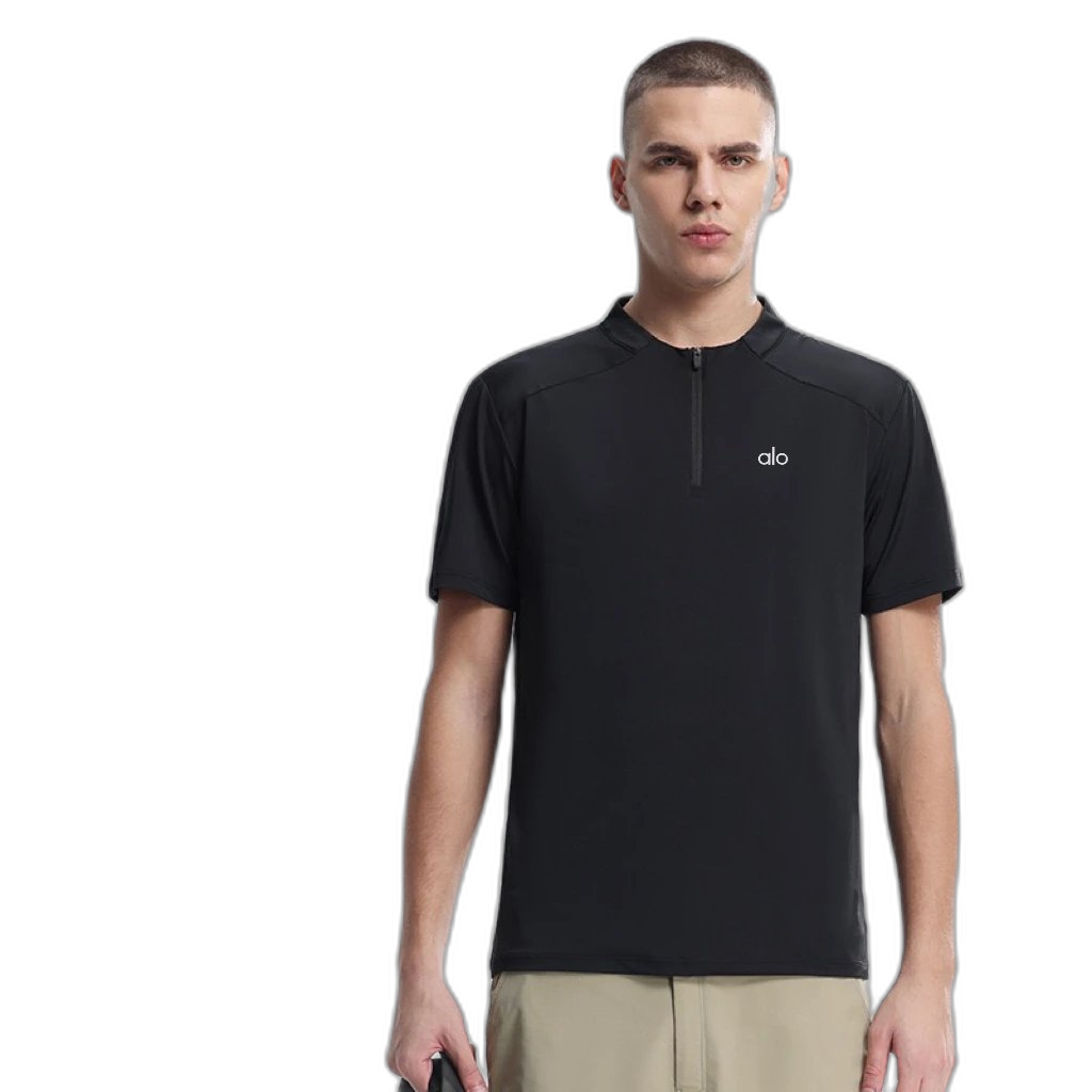 AloYoga Men’s Half Zip Short Sleeve New Summer Professional Sports Quick Dry Running Fitness Casual T-shirt Top