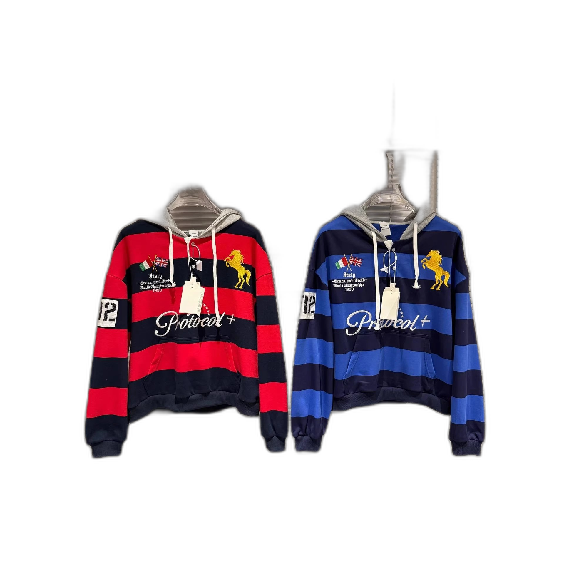 2026 spring and autumn new P @otocol retro striped patchwork slogan war horse breasted hoodie one by one batch