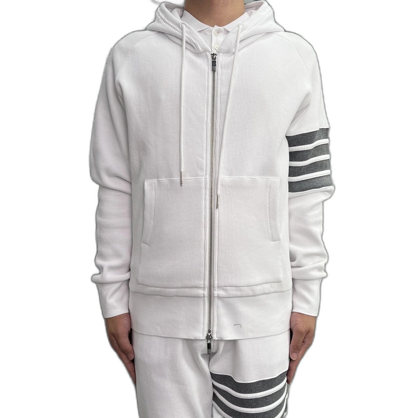 Trendy TB New Style Men’s Premium Casual Versatile Striped Waffle Four-Bar Zip Hooded Jacket