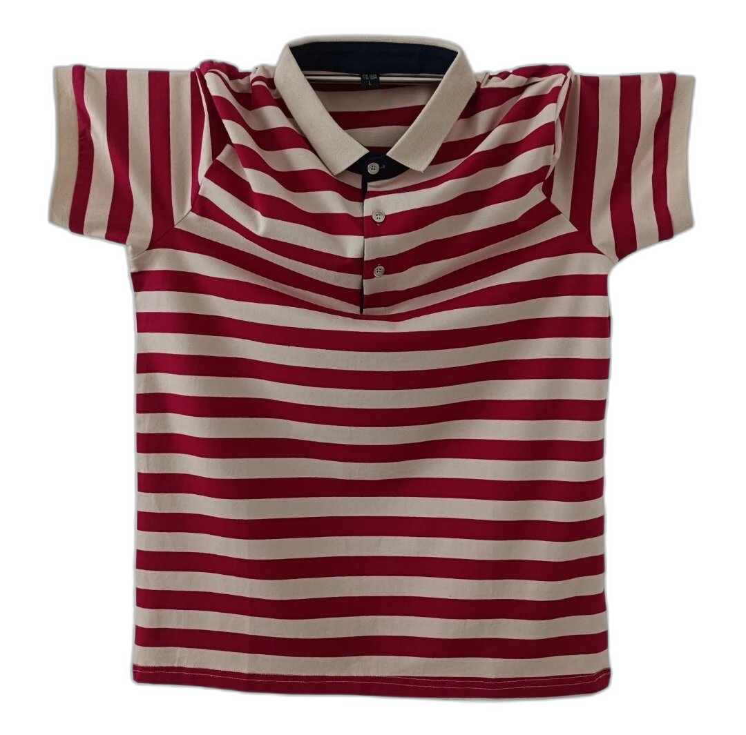 Summer lapel 95% cotton striped t-shirt business casual men’s plus size short sleeve t-shirt loose trendy clothes