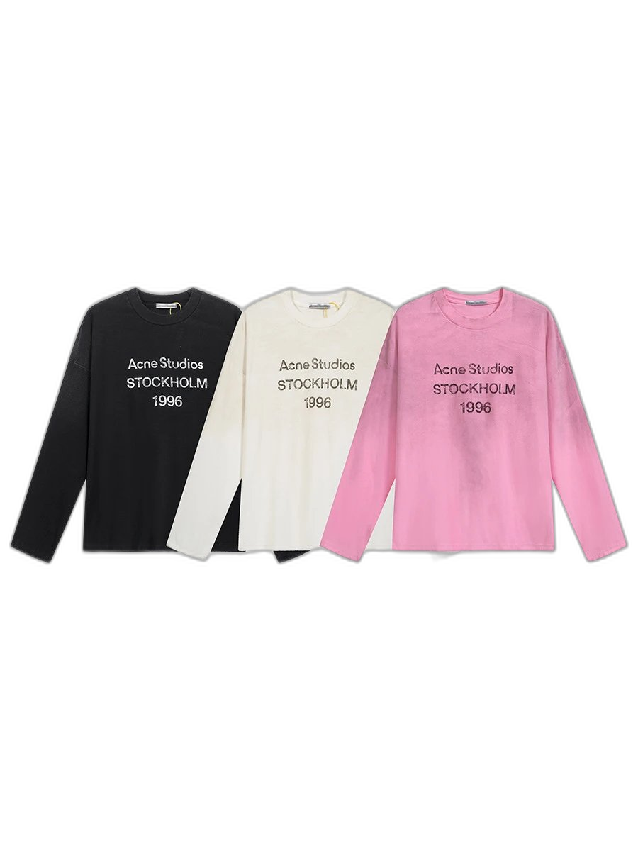Trendy brand AC1996 washed and worn letter print high street long sleeve loose fit men’s and women’s cross border t-shirt for couples