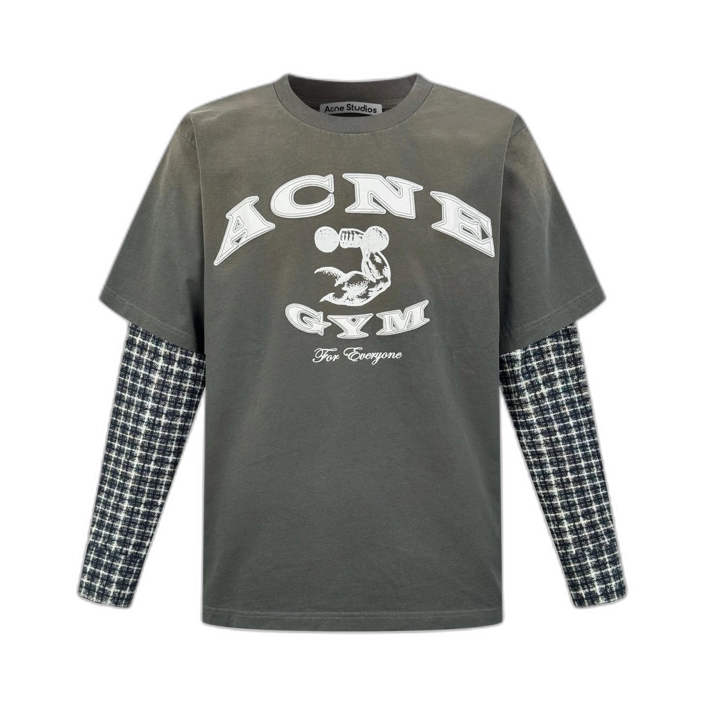 (In Stock) Autonomous Acne25fw New Olive Green Micro Print Long Sleeve T Shirt Plaid Patchwork Fake Two Piece Long Sleeve T Shirt Bicolor In Stock